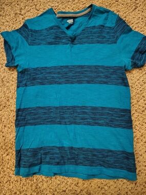 Old Navy Teal and Navy Wide-Striped V-Neck Tee